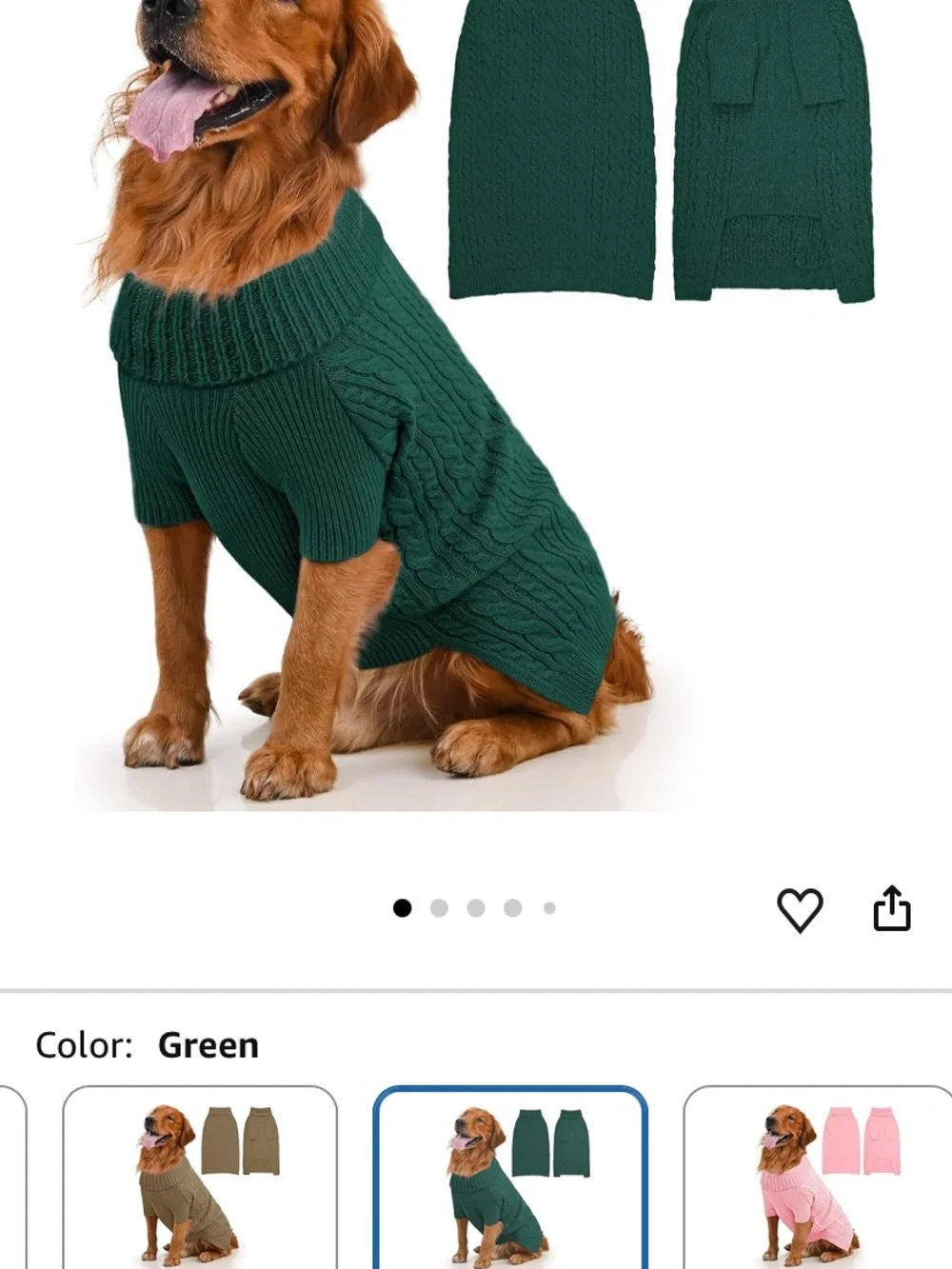 Dog Sweater for Large Dogs, Long Sleeve, Size XXL, Green Stretchy cable knit